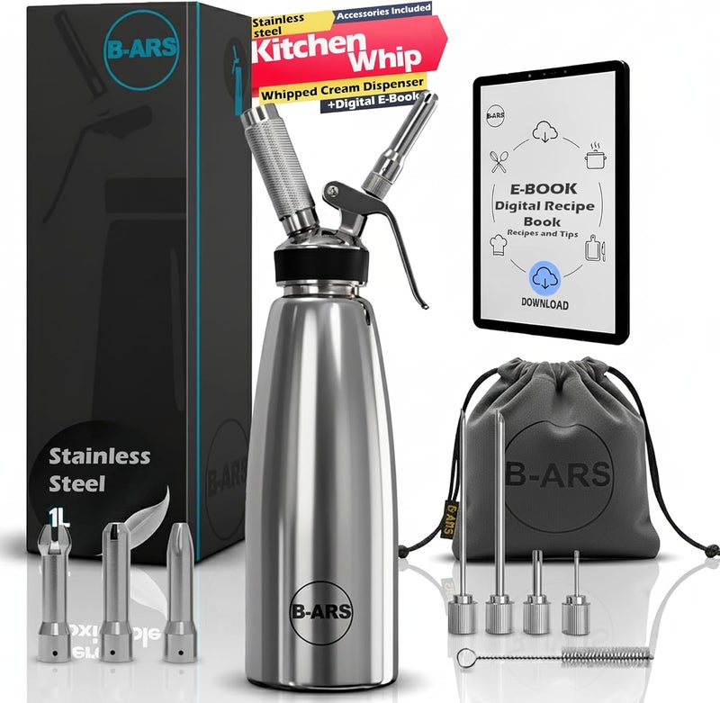 Bars Whipped Cream Dispenser-Professional Dispenser-Whip Cream Dispenser -Whipping Siphon-Whipped Cream Maker-Stainless Steel Whipped Cream Dispenser (1L) - Image 1